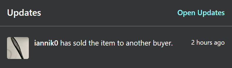 Carousell update screenshot showing iannik0 has sold the item to another buyer, demonstrating the scam pattern