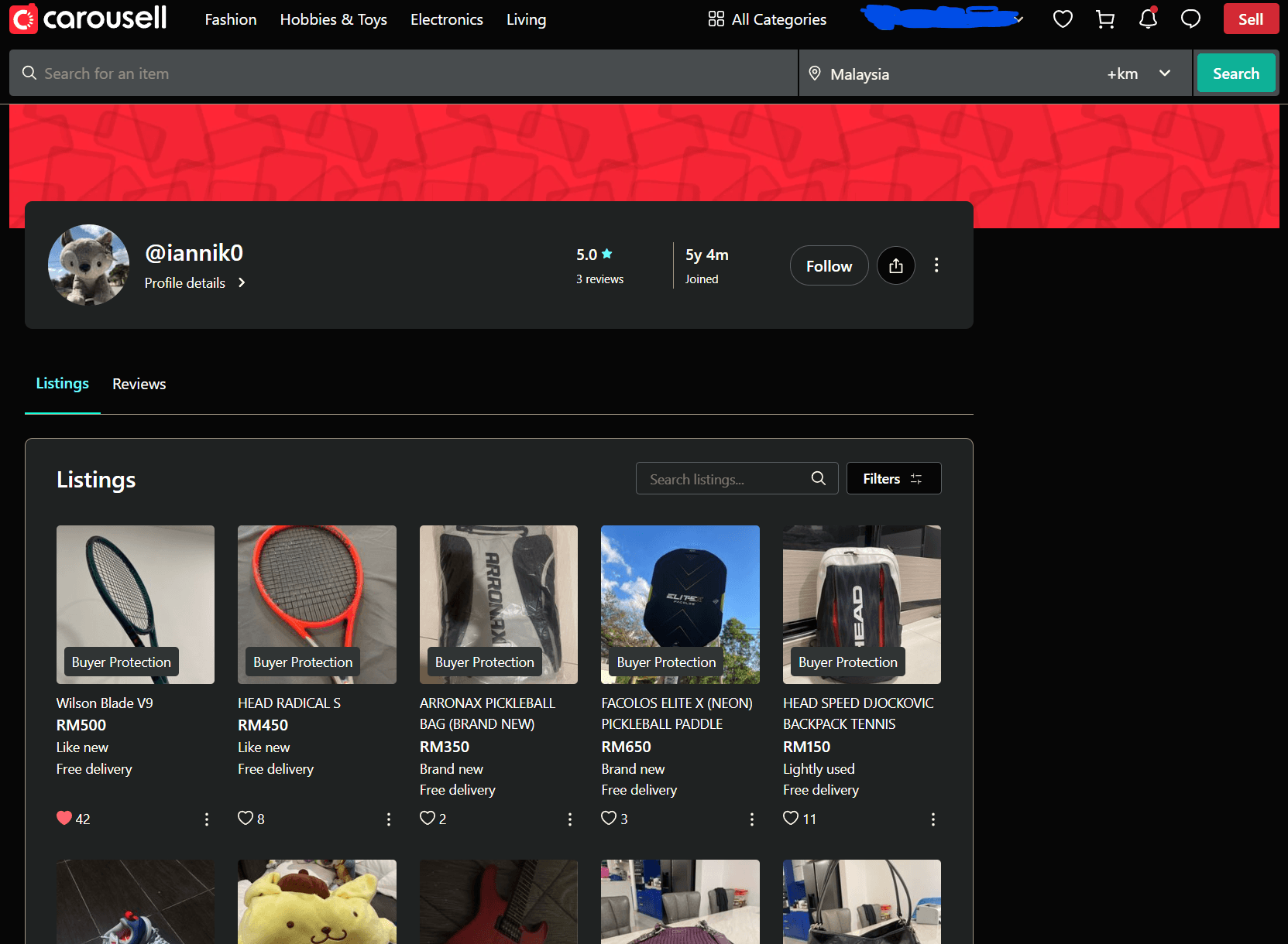 Carousell Malaysia listing screenshot showing Wilson Blade v8 tennis racket scam by IAN KAMIL BIN IRWAN KAMIL (Ian Kamil) phone 012-9787215